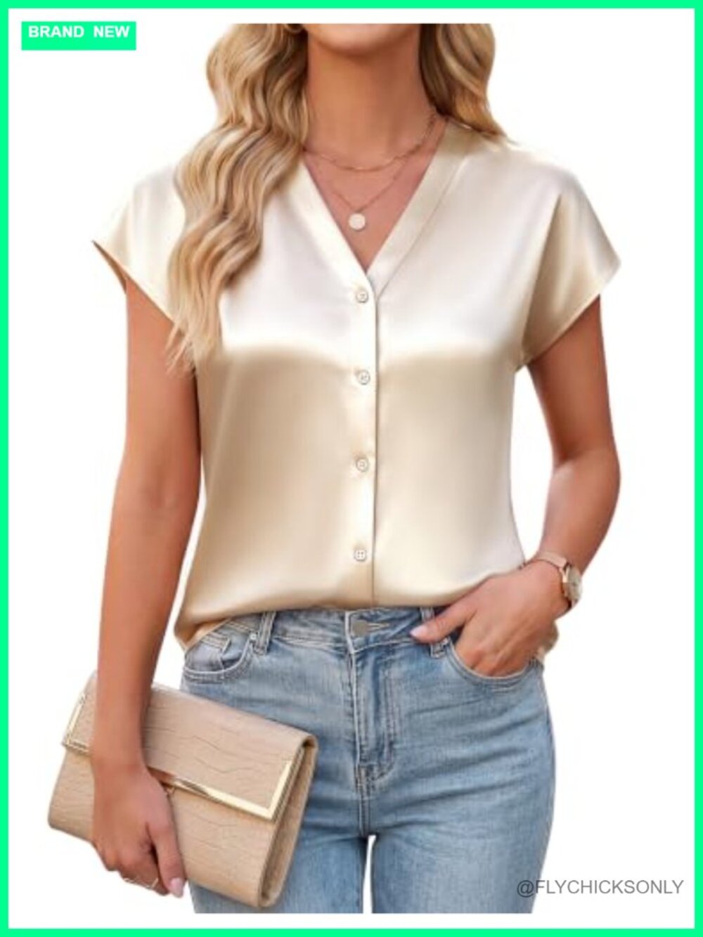 Satin Silk Button Down Blouse V-Neck Cap Sleeve Business Casual Top